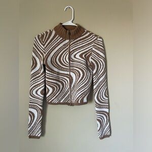 Hollister thick knit brown and White abstract swirl Zip-Up Sweater NWOT Small